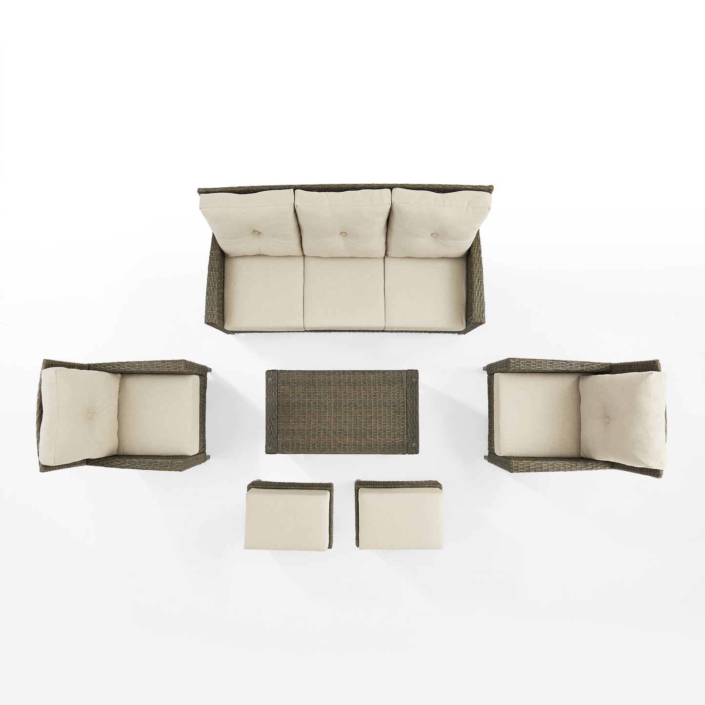 Rockport 6Pc Outdoor Wicker High Back Sofa Set Oatmeal/Light Brown - Sofa, Coffee Table, 2 Armchairs, & 2 Ottomans