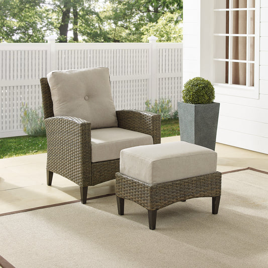 Rockport 2Pc Outdoor Wicker High Back Chair Set Oatmeal/Light Brown - Armchair & Ottoman