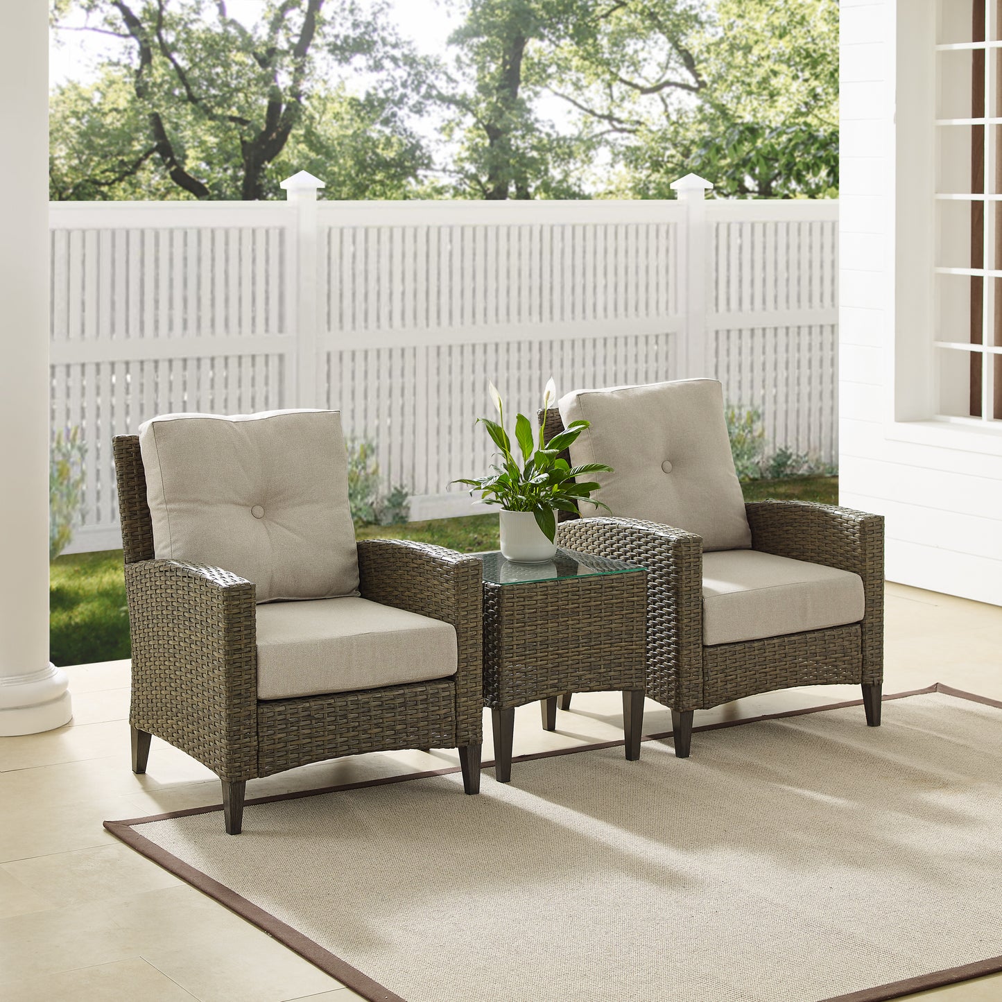 Rockport 3Pc Outdoor Wicker High Back Chair Set Oatmeal/Light Brown - Side Table & 2 Armchairs