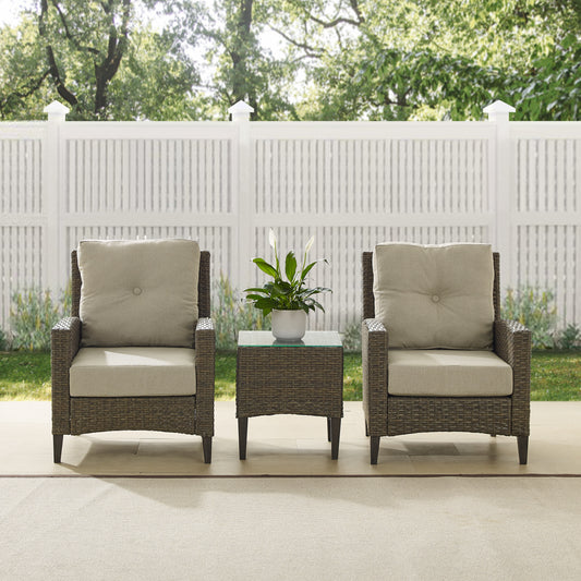 Rockport 3Pc Outdoor Wicker High Back Chair Set Oatmeal/Light Brown - Side Table & 2 Armchairs