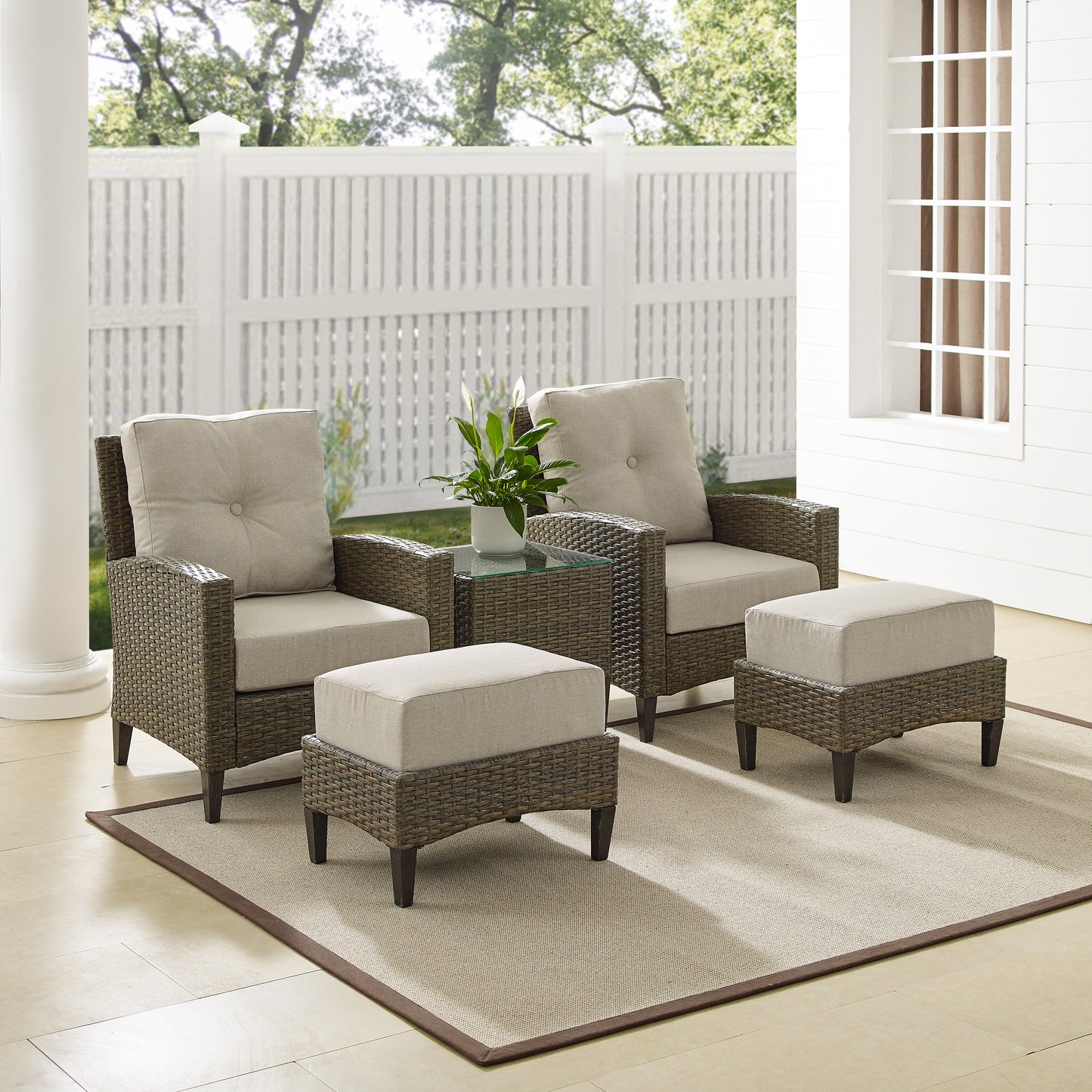 Rockport 5Pc Outdoor Wicker High Back Chair Set Oatmeal/Light Brown - Side Table, 2 Armchairs, & 2 Ottomans