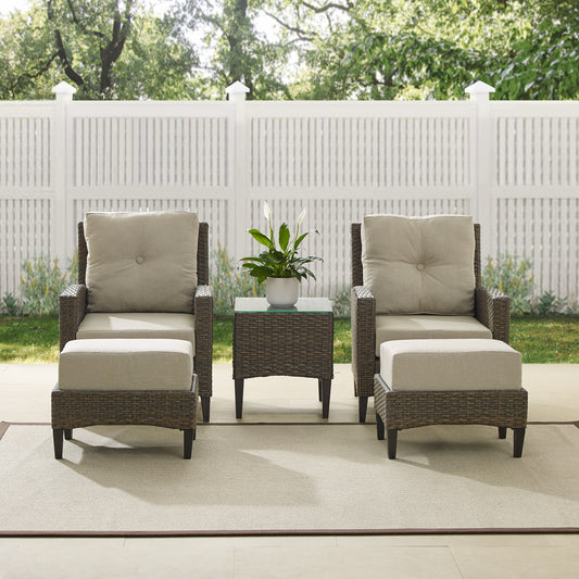 Rockport 5Pc Outdoor Wicker High Back Chair Set Oatmeal/Light Brown - Side Table, 2 Armchairs, & 2 Ottomans