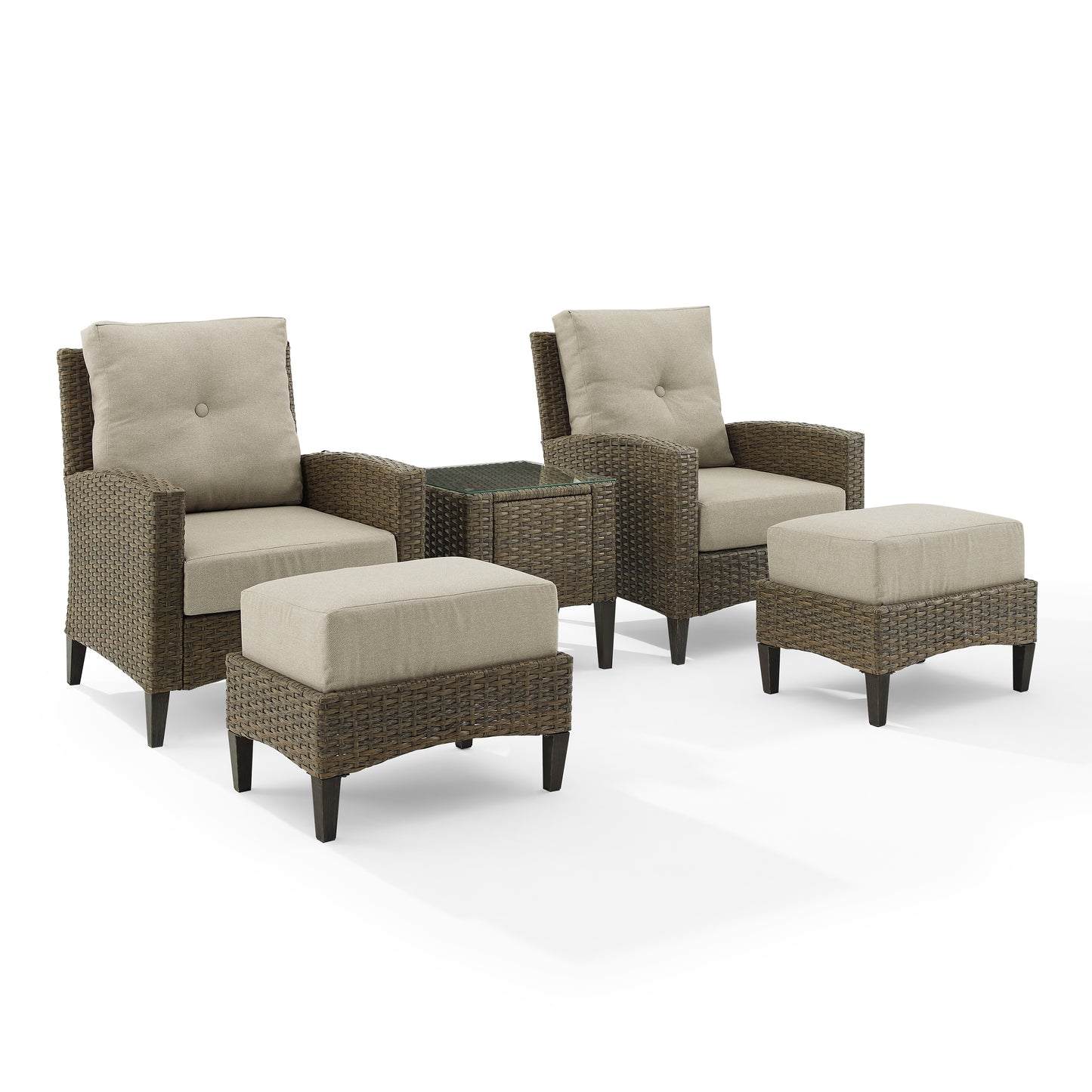 Rockport 5Pc Outdoor Wicker High Back Chair Set Oatmeal/Light Brown - Side Table, 2 Armchairs, & 2 Ottomans