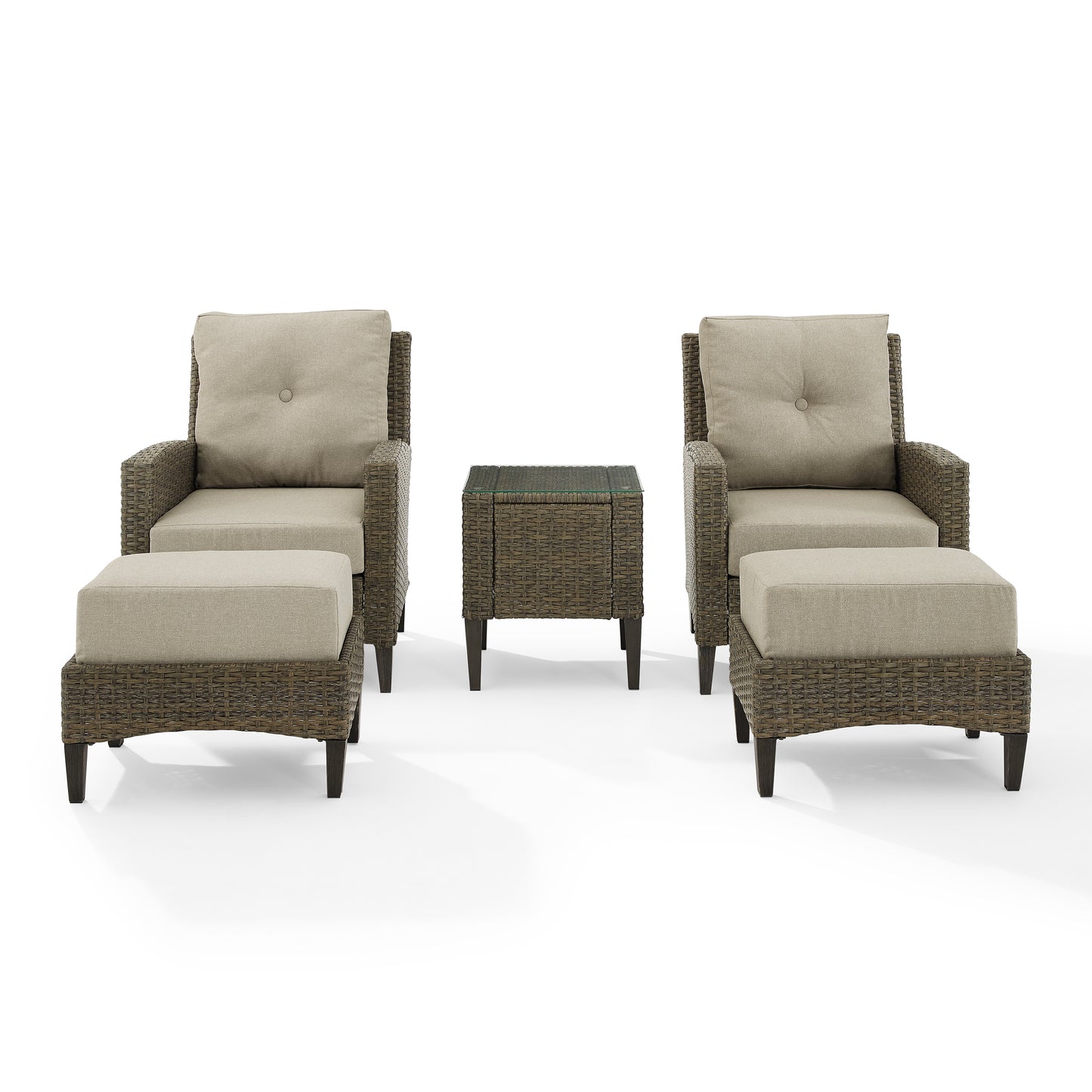 Rockport 5Pc Outdoor Wicker High Back Chair Set Oatmeal/Light Brown - Side Table, 2 Armchairs, & 2 Ottomans