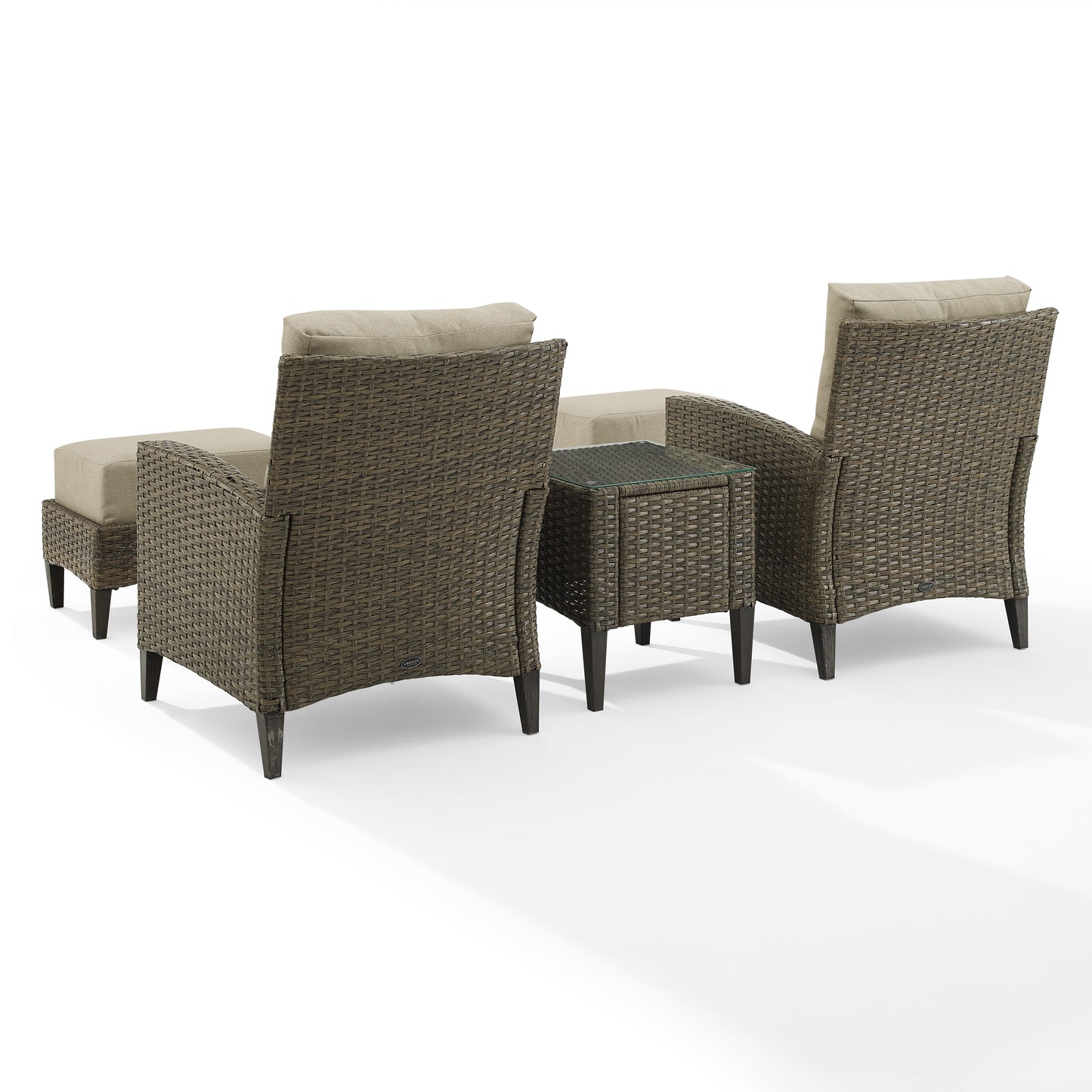 Rockport 5Pc Outdoor Wicker High Back Chair Set Oatmeal/Light Brown - Side Table, 2 Armchairs, & 2 Ottomans