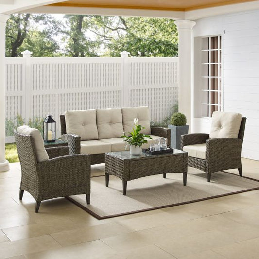 Rockport 5Pc Outdoor Wicker High Back Sofa Set Oatmeal/Light Brown - Sofa, Coffee Table, Side Table, & 2 Armchairs