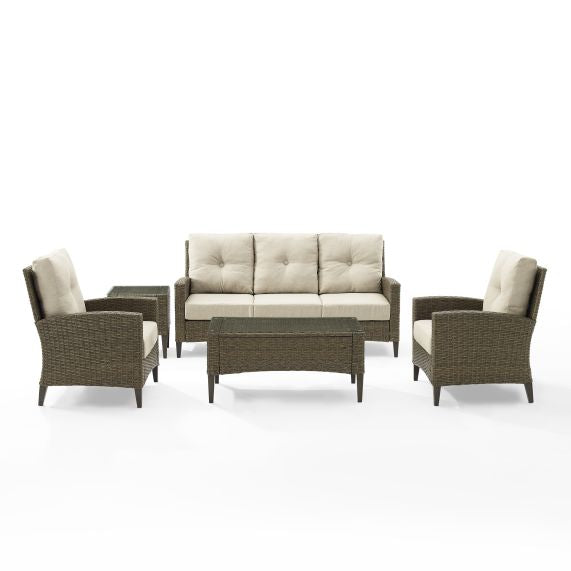 Rockport 5Pc Outdoor Wicker High Back Sofa Set Oatmeal/Light Brown - Sofa, Coffee Table, Side Table, & 2 Armchairs