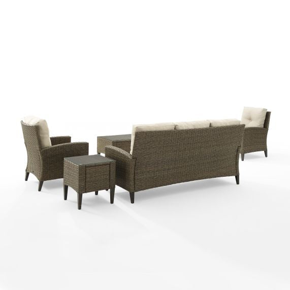 Rockport 5Pc Outdoor Wicker High Back Sofa Set Oatmeal/Light Brown - Sofa, Coffee Table, Side Table, & 2 Armchairs