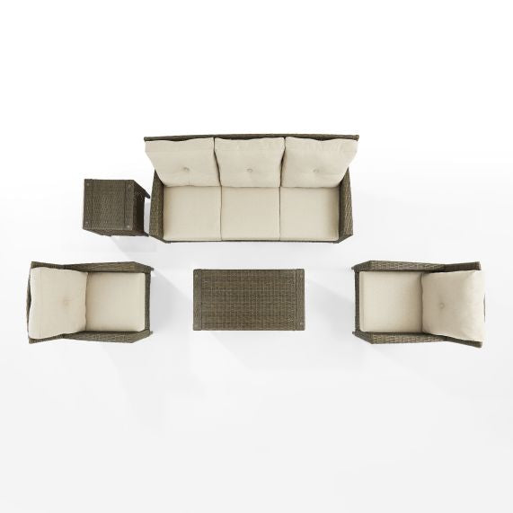 Rockport 5Pc Outdoor Wicker High Back Sofa Set Oatmeal/Light Brown - Sofa, Coffee Table, Side Table, & 2 Armchairs