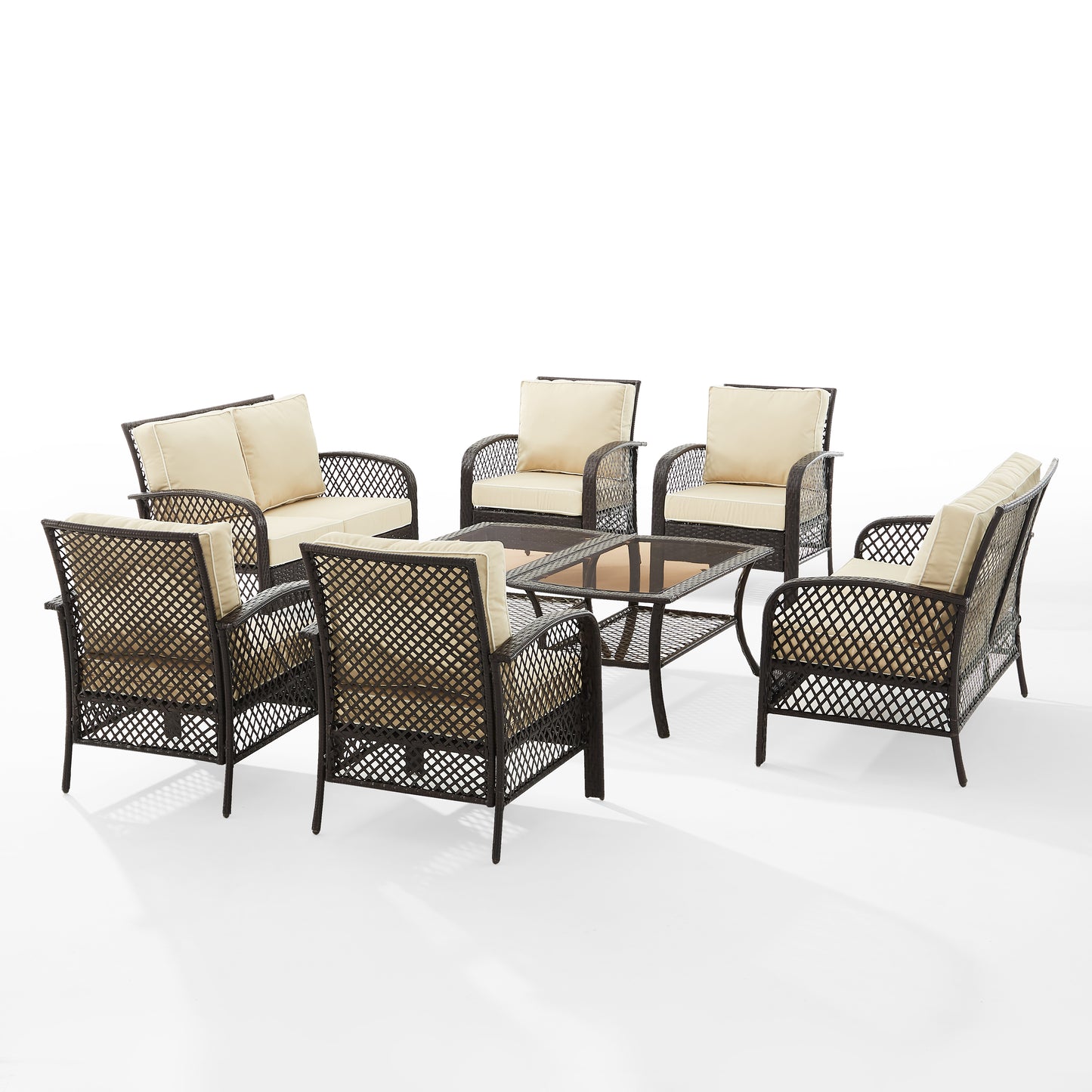 Tribeca 8Pc Outdoor Wicker Conversation Set Sand/Brown - 2 Loveseats, 4 Armchairs, & 2 Coffee Tables