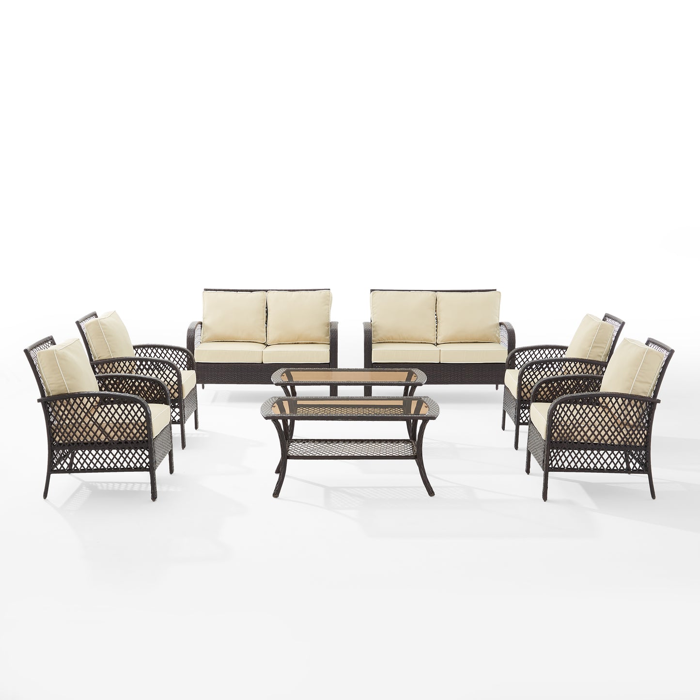 Tribeca 8Pc Outdoor Wicker Conversation Set Sand/Brown - 2 Loveseats, 4 Armchairs, & 2 Coffee Tables