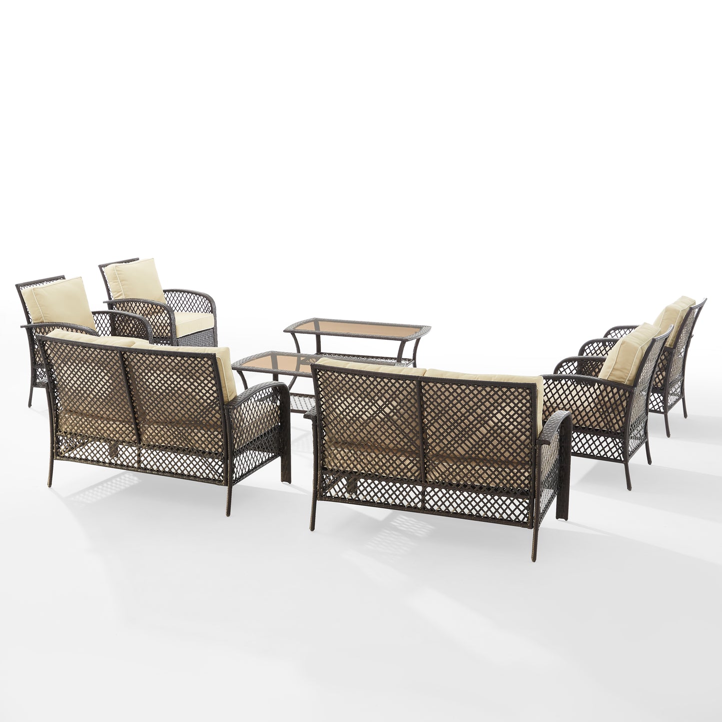 Tribeca 8Pc Outdoor Wicker Conversation Set Sand/Brown - 2 Loveseats, 4 Armchairs, & 2 Coffee Tables