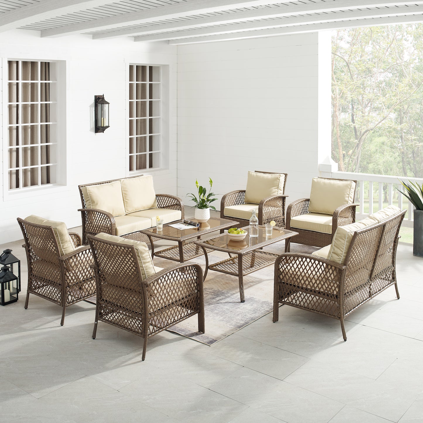 Tribeca 8Pc Outdoor Wicker Conversation Set Sand/Driftwood - 2 Loveseats, 4 Armchairs, & 2 Coffee Tables