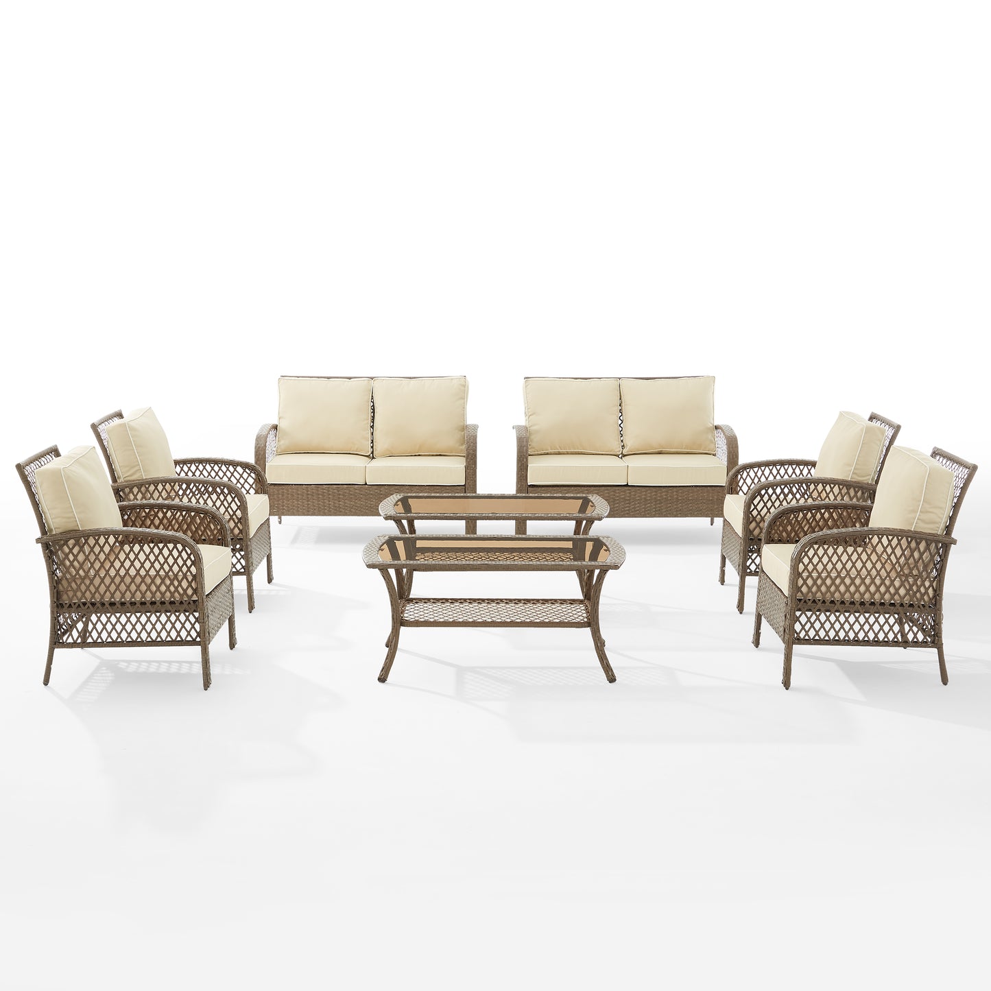 Tribeca 8Pc Outdoor Wicker Conversation Set Sand/Driftwood - 2 Loveseats, 4 Armchairs, & 2 Coffee Tables