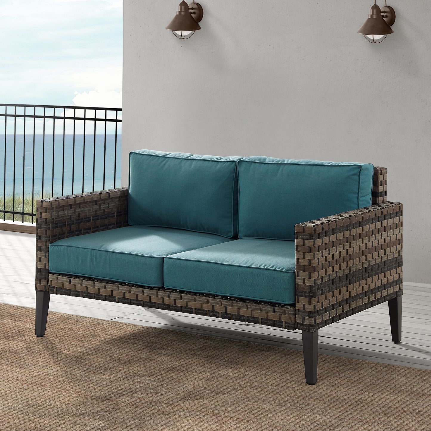 Prescott Outdoor Wicker Loveseat Mineral Blue/Brown