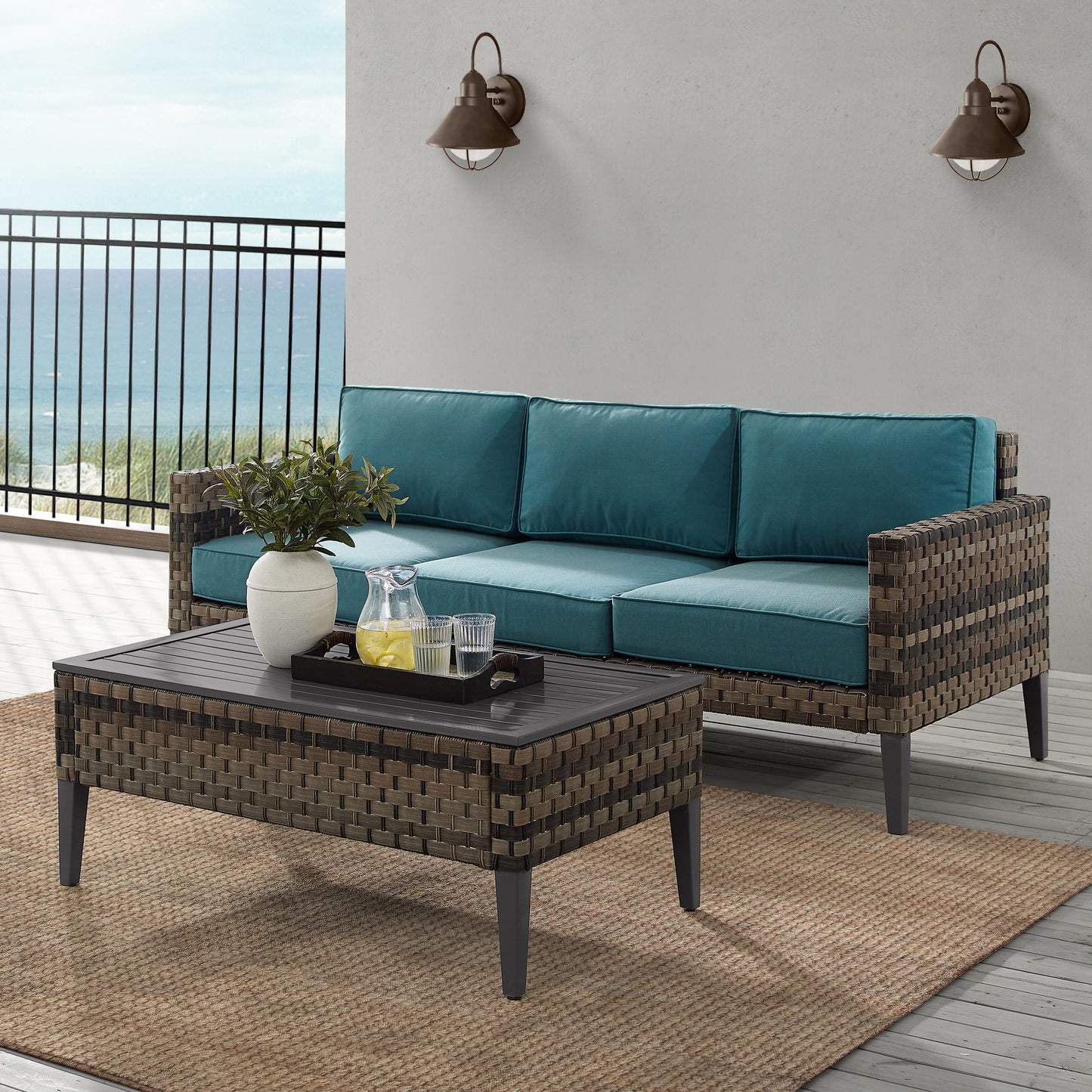 Prescott 2Pc Outdoor Wicker Sofa Set Mineral Blue/Brown - Sofa & Coffee Table