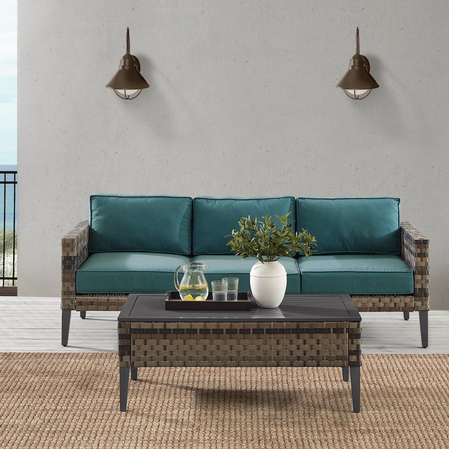 Prescott 2Pc Outdoor Wicker Sofa Set Mineral Blue/Brown - Sofa & Coffee Table