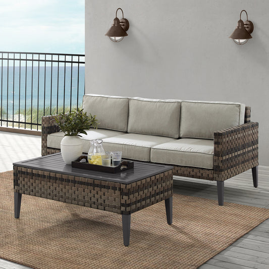 Prescott 2Pc Outdoor Wicker Sofa Set Taupe/Brown - Sofa & Coffee Table