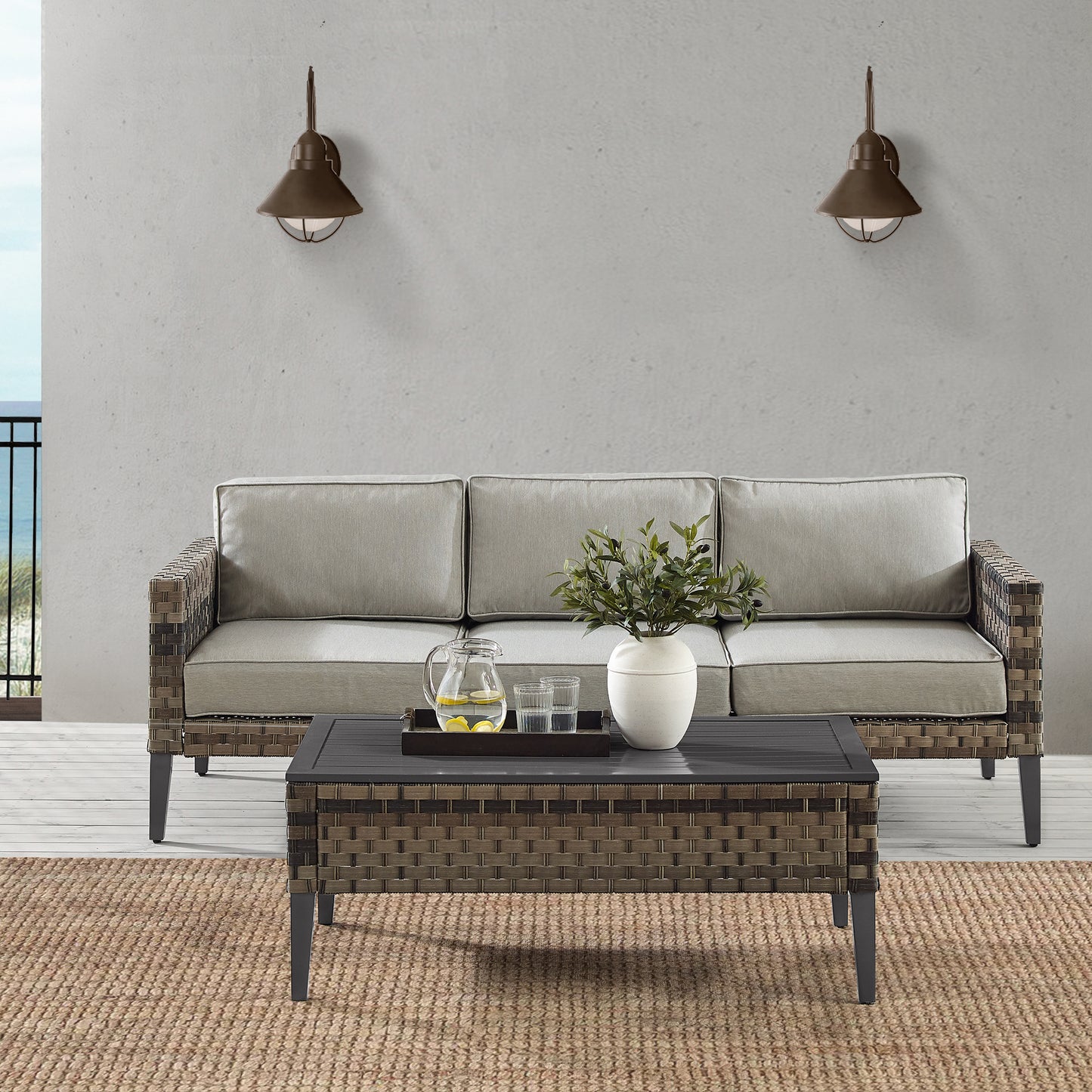 Prescott 2Pc Outdoor Wicker Sofa Set Taupe/Brown - Sofa & Coffee Table