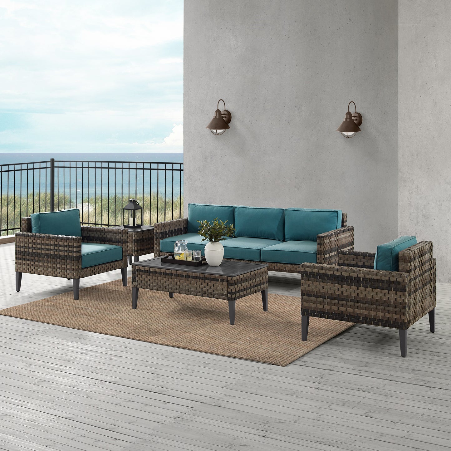 Prescott 5Pc Outdoor Wicker Sofa Set Mineral Blue/Brown - Sofa, Coffee Table, Side Table, & 2 Armchairs