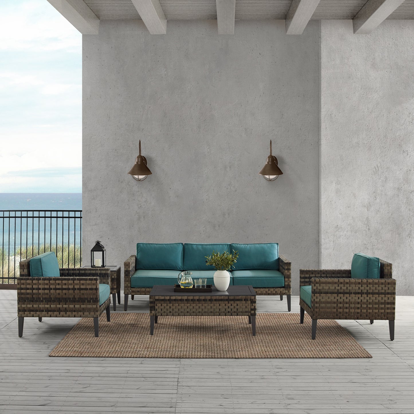 Prescott 5Pc Outdoor Wicker Sofa Set Mineral Blue/Brown - Sofa, Coffee Table, Side Table, & 2 Armchairs