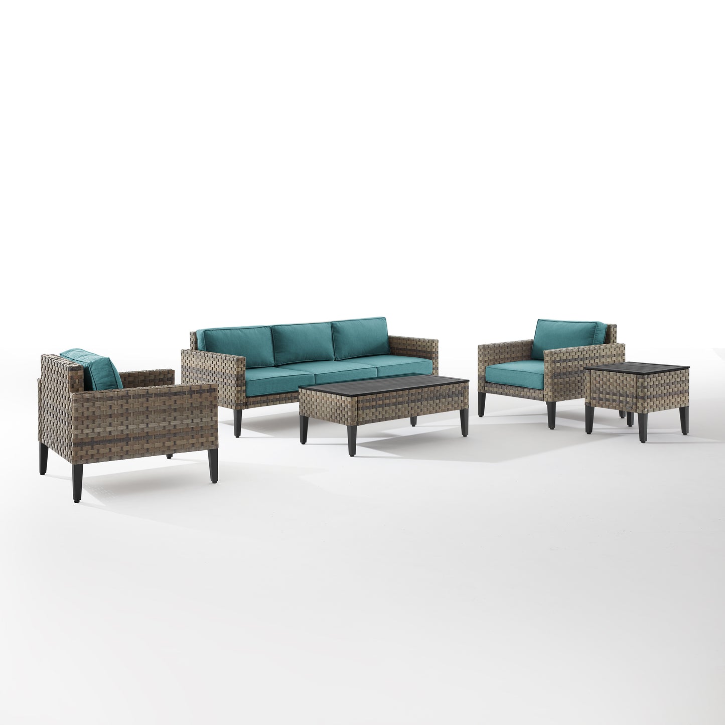 Prescott 5Pc Outdoor Wicker Sofa Set Mineral Blue/Brown - Sofa, Coffee Table, Side Table, & 2 Armchairs