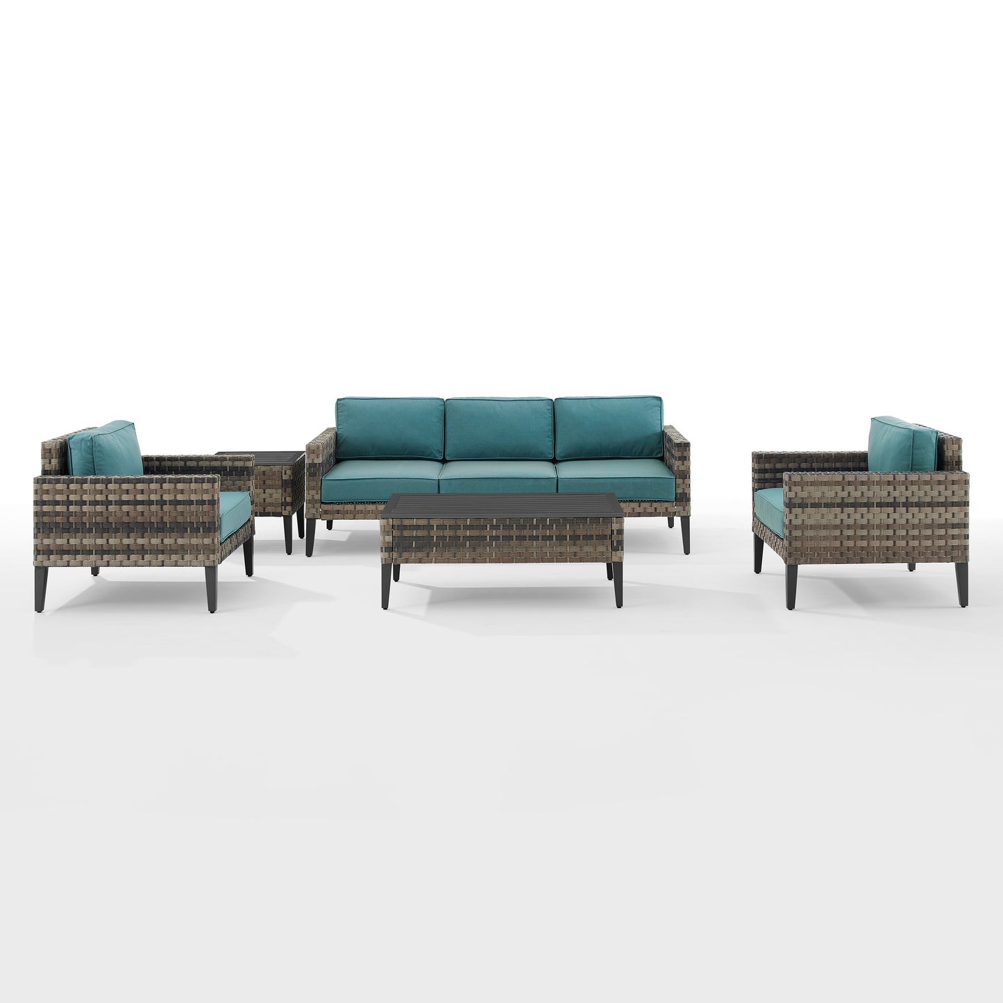 Prescott 5Pc Outdoor Wicker Sofa Set Mineral Blue/Brown - Sofa, Coffee Table, Side Table, & 2 Armchairs