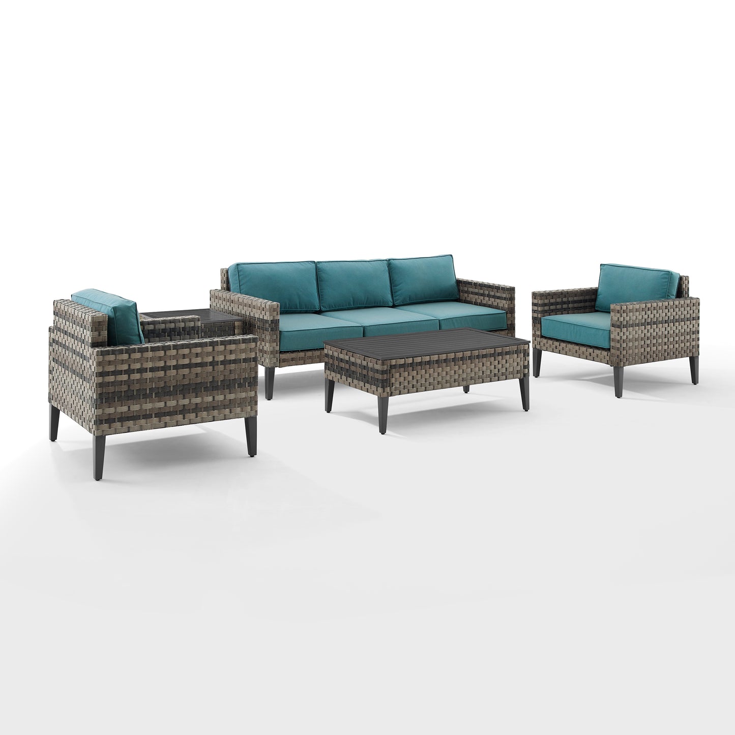 Prescott 5Pc Outdoor Wicker Sofa Set Mineral Blue/Brown - Sofa, Coffee Table, Side Table, & 2 Armchairs