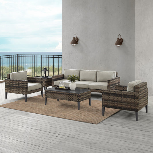 Prescott 5Pc Outdoor Wicker Sofa Set Taupe/Brown - Sofa, Coffee Table, Side Table, & 2 Armchairs