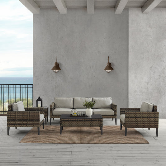 Prescott 5Pc Outdoor Wicker Sofa Set Taupe/Brown - Sofa, Coffee Table, Side Table, & 2 Armchairs