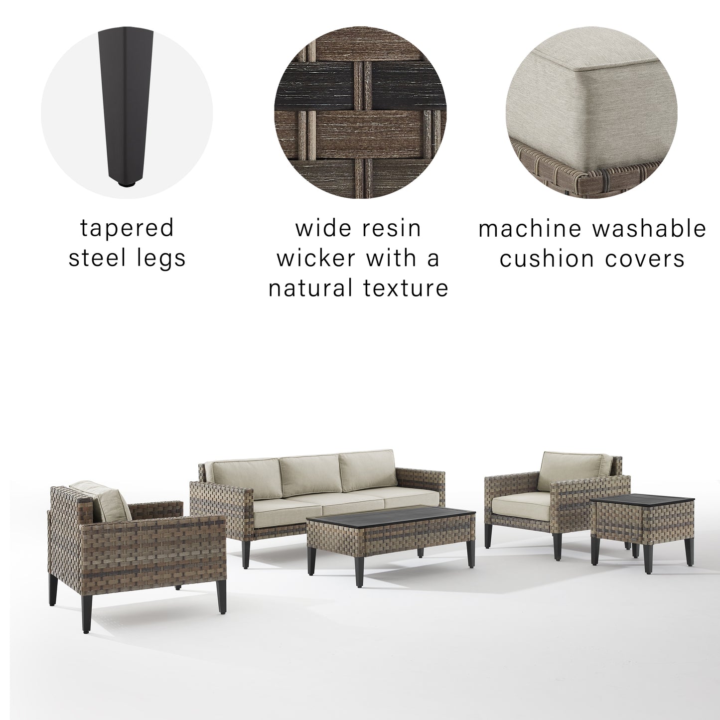 Prescott 5Pc Outdoor Wicker Sofa Set Taupe/Brown - Sofa, Coffee Table, Side Table, & 2 Armchairs