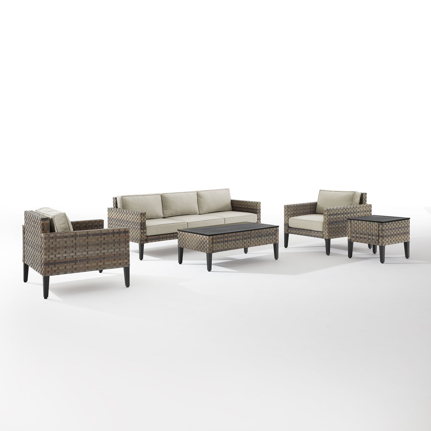 Prescott 5Pc Outdoor Wicker Sofa Set Taupe/Brown - Sofa, Coffee Table, Side Table, & 2 Armchairs