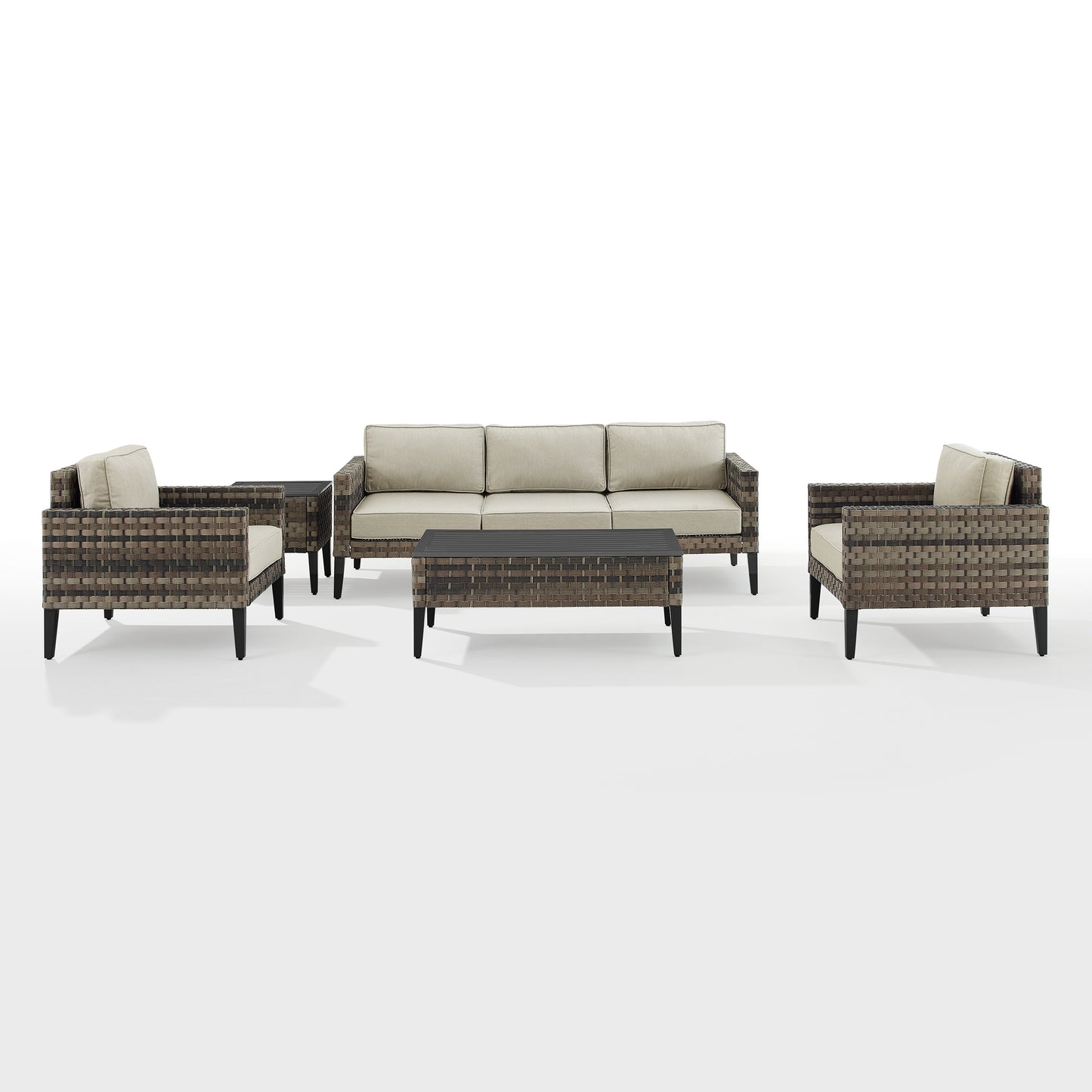 Prescott 5Pc Outdoor Wicker Sofa Set Taupe/Brown - Sofa, Coffee Table, Side Table, & 2 Armchairs