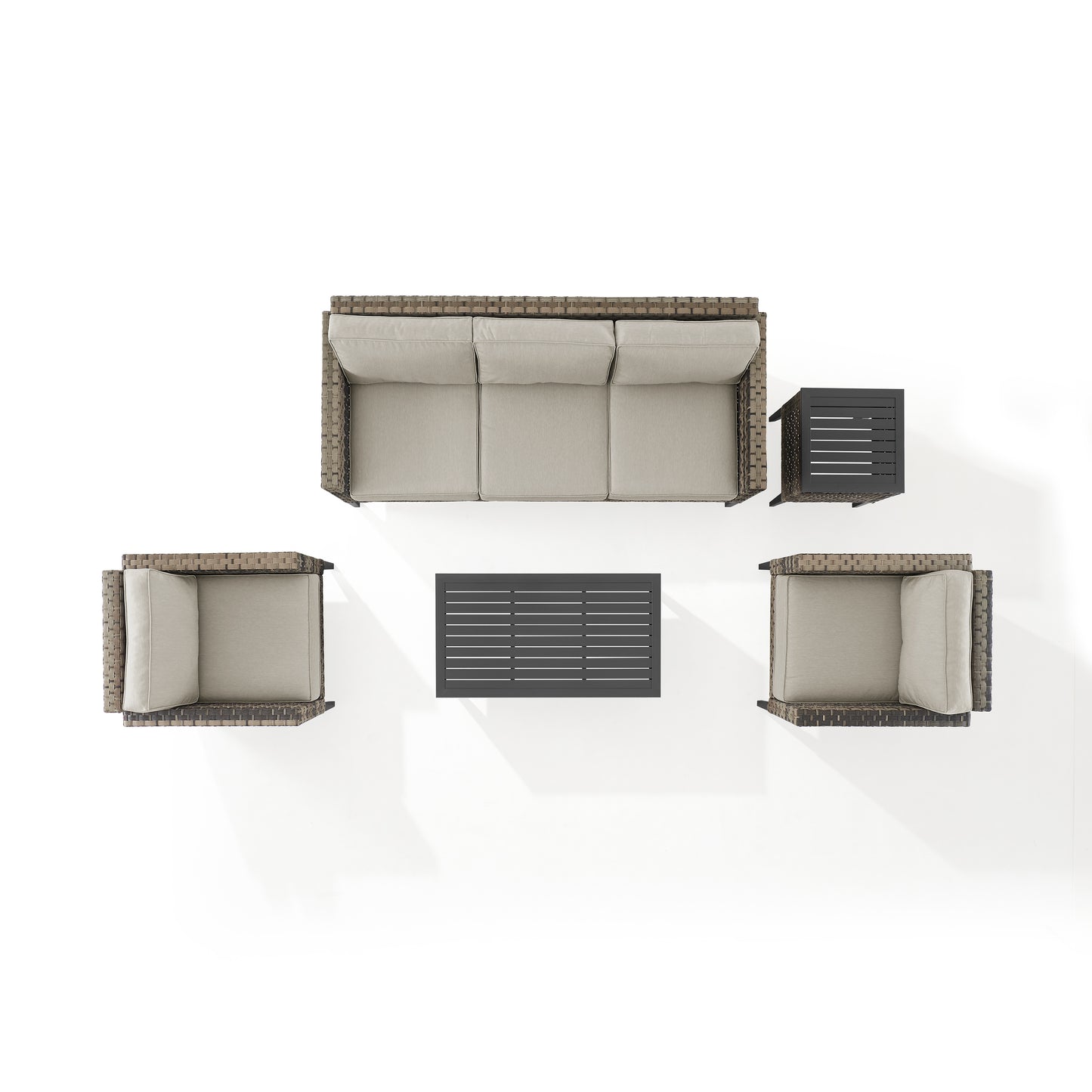 Prescott 5Pc Outdoor Wicker Sofa Set Taupe/Brown - Sofa, Coffee Table, Side Table, & 2 Armchairs