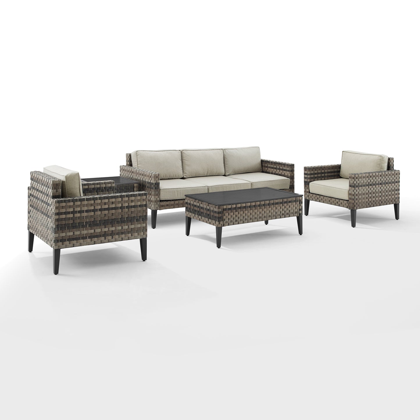 Prescott 5Pc Outdoor Wicker Sofa Set Taupe/Brown - Sofa, Coffee Table, Side Table, & 2 Armchairs