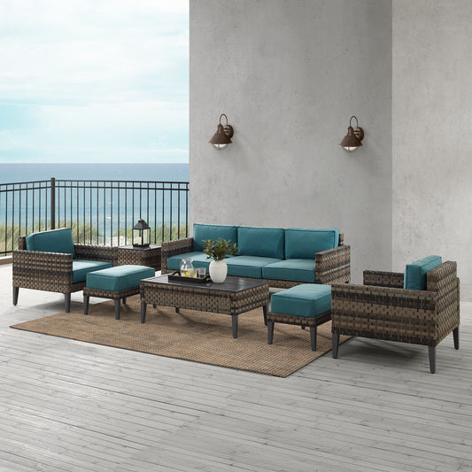 Prescott 7Pc Outdoor Wicker Sofa Set Mineral Blue/Brown - Sofa, Coffee Table, Side Table, 2 Armchairs, & 2 Ottomans