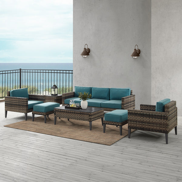 Prescott 7Pc Outdoor Wicker Sofa Set Mineral Blue/Brown - Sofa, Coffee Table, Side Table, 2 Armchairs, & 2 Ottomans