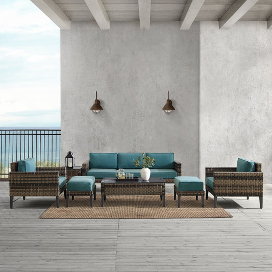 Prescott 7Pc Outdoor Wicker Sofa Set Mineral Blue/Brown - Sofa, Coffee Table, Side Table, 2 Armchairs, & 2 Ottomans