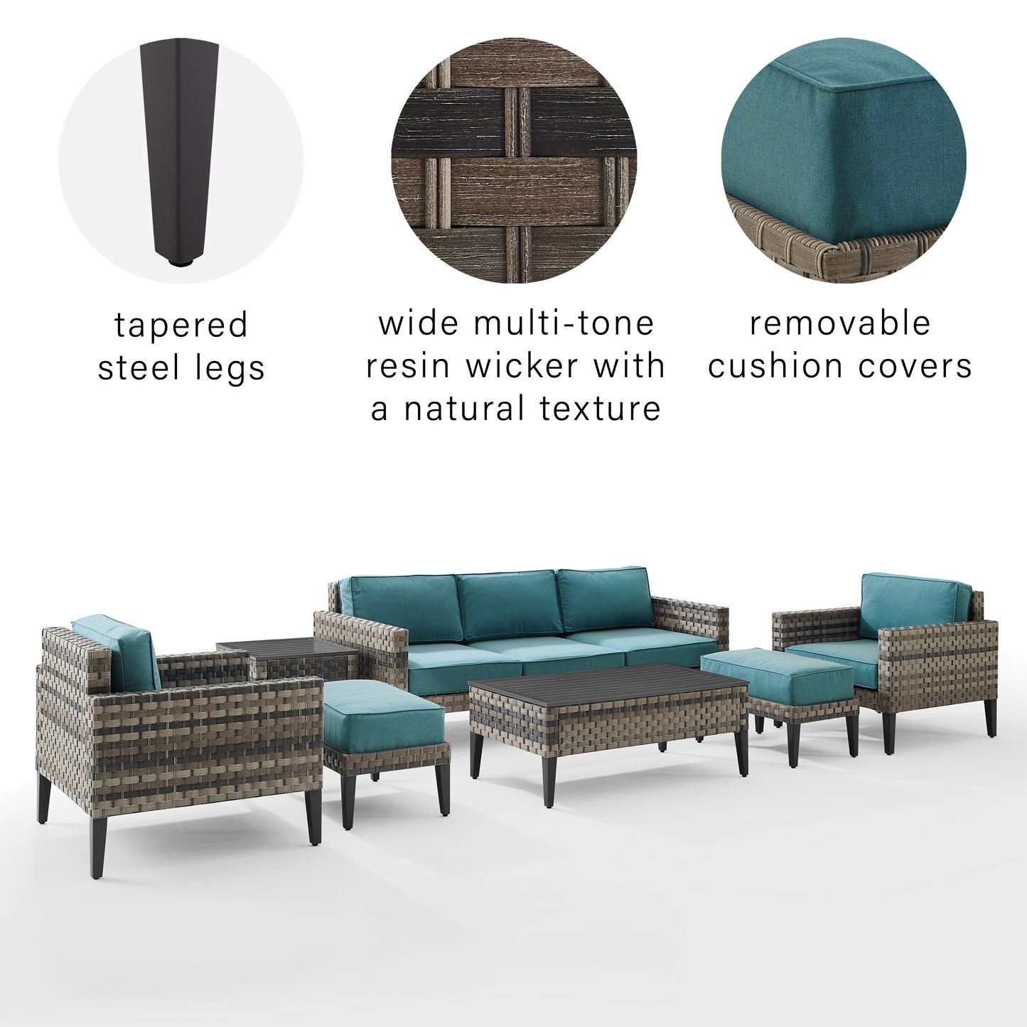 Prescott 7Pc Outdoor Wicker Sofa Set Mineral Blue/Brown - Sofa, Coffee Table, Side Table, 2 Armchairs, & 2 Ottomans