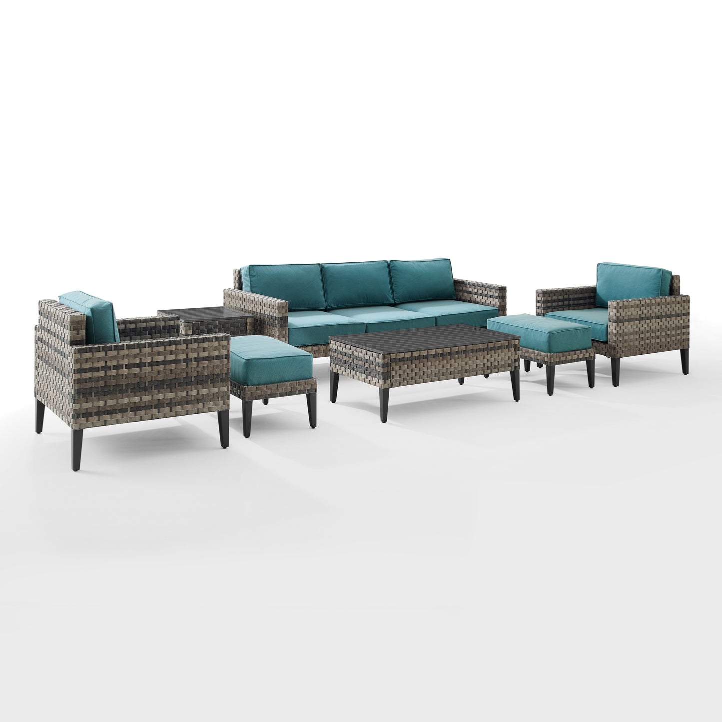 Prescott 7Pc Outdoor Wicker Sofa Set Mineral Blue/Brown - Sofa, Coffee Table, Side Table, 2 Armchairs, & 2 Ottomans