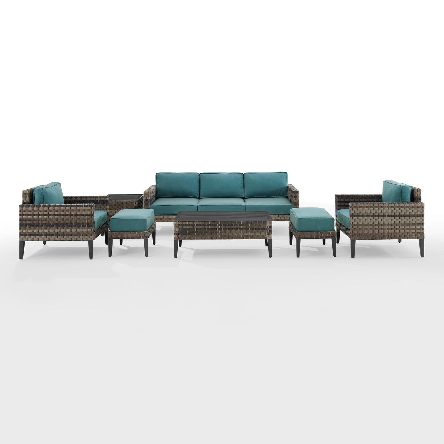 Prescott 7Pc Outdoor Wicker Sofa Set Mineral Blue/Brown - Sofa, Coffee Table, Side Table, 2 Armchairs, & 2 Ottomans