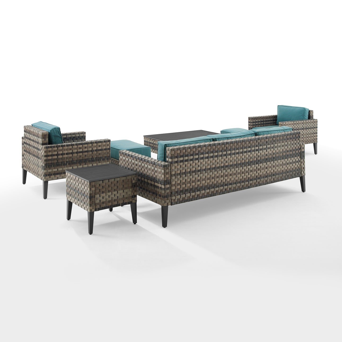 Prescott 7Pc Outdoor Wicker Sofa Set Mineral Blue/Brown - Sofa, Coffee Table, Side Table, 2 Armchairs, & 2 Ottomans