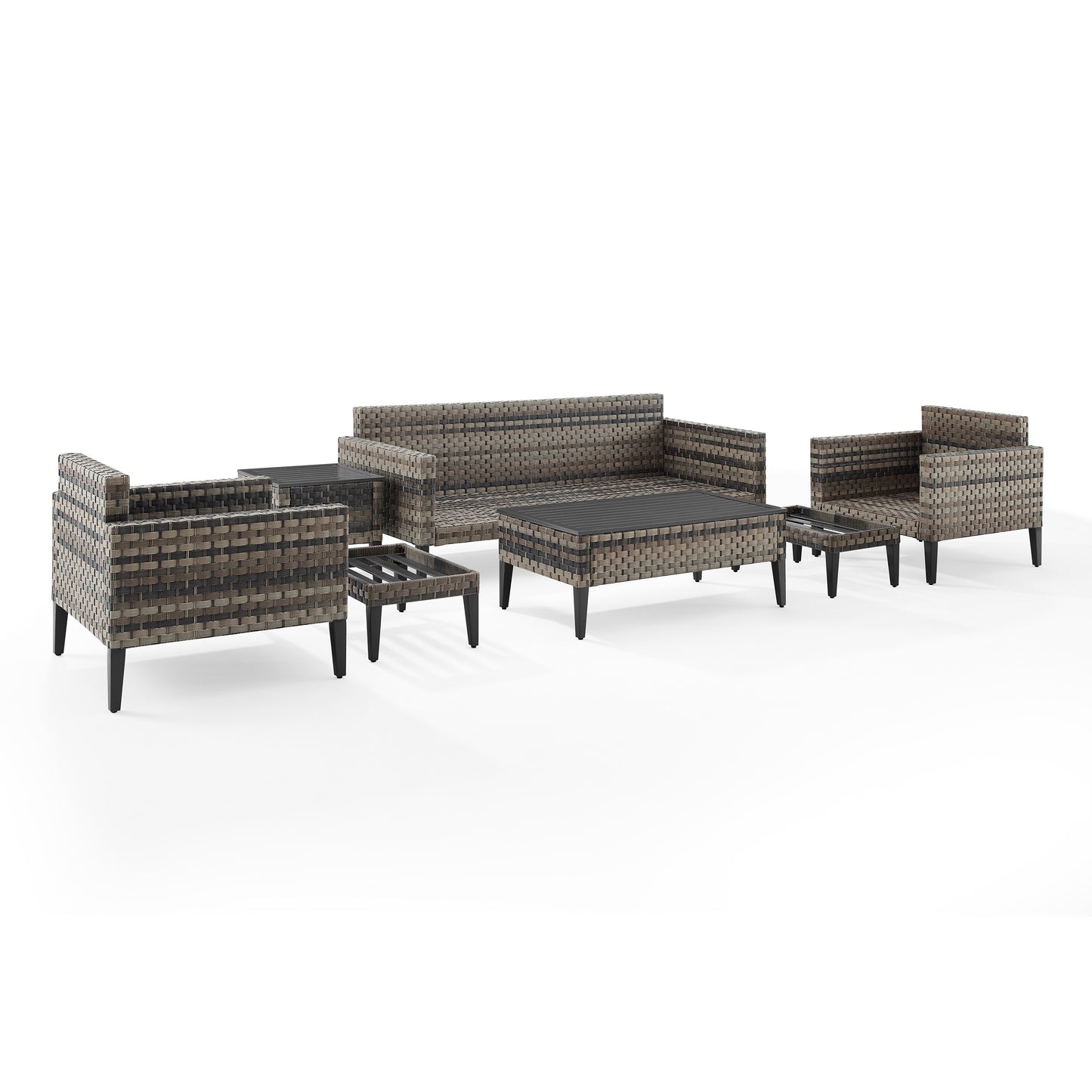 Prescott 7Pc Outdoor Wicker Sofa Set Mineral Blue/Brown - Sofa, Coffee Table, Side Table, 2 Armchairs, & 2 Ottomans