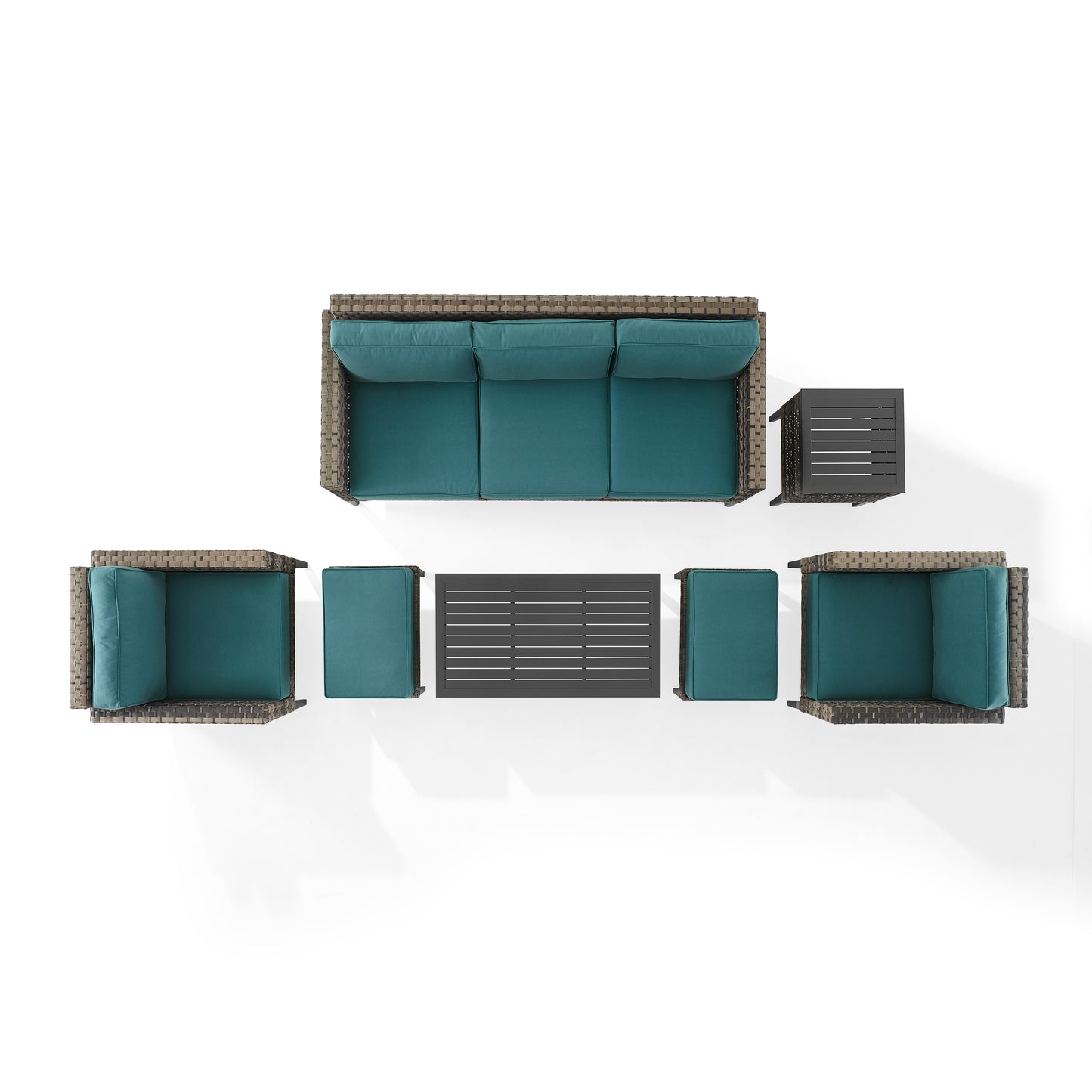 Prescott 7Pc Outdoor Wicker Sofa Set Mineral Blue/Brown - Sofa, Coffee Table, Side Table, 2 Armchairs, & 2 Ottomans