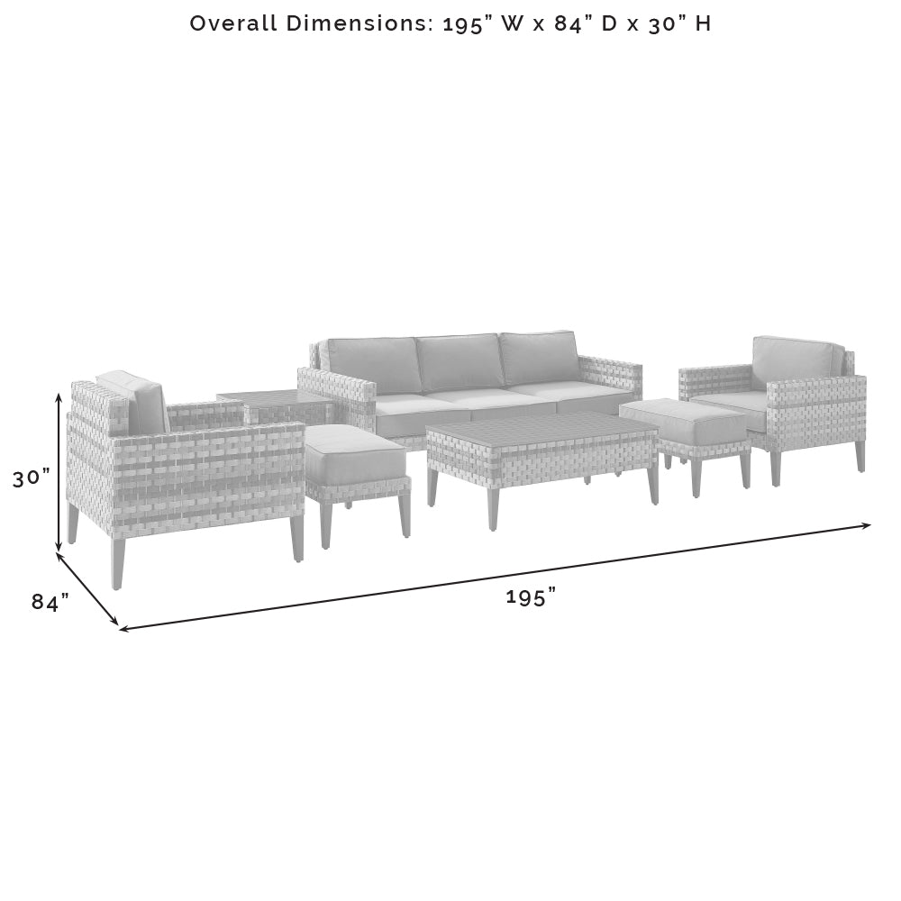 Prescott 7Pc Outdoor Wicker Sofa Set Mineral Blue/Brown - Sofa, Coffee Table, Side Table, 2 Armchairs, & 2 Ottomans