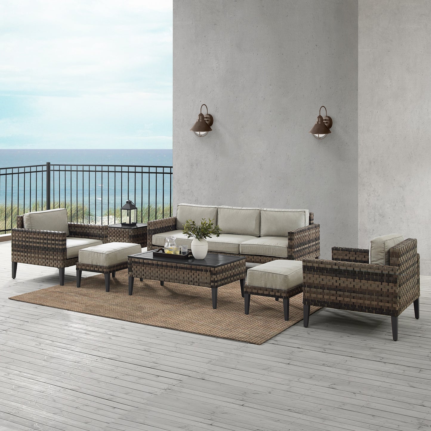 Prescott 7Pc Outdoor Wicker Sofa Set Taupe/Brown - Sofa, Coffee Table, Side Table, 2 Armchairs, & 2 Ottomans