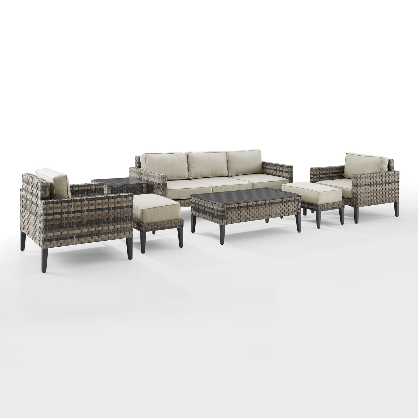 Prescott 7Pc Outdoor Wicker Sofa Set Taupe/Brown - Sofa, Coffee Table, Side Table, 2 Armchairs, & 2 Ottomans