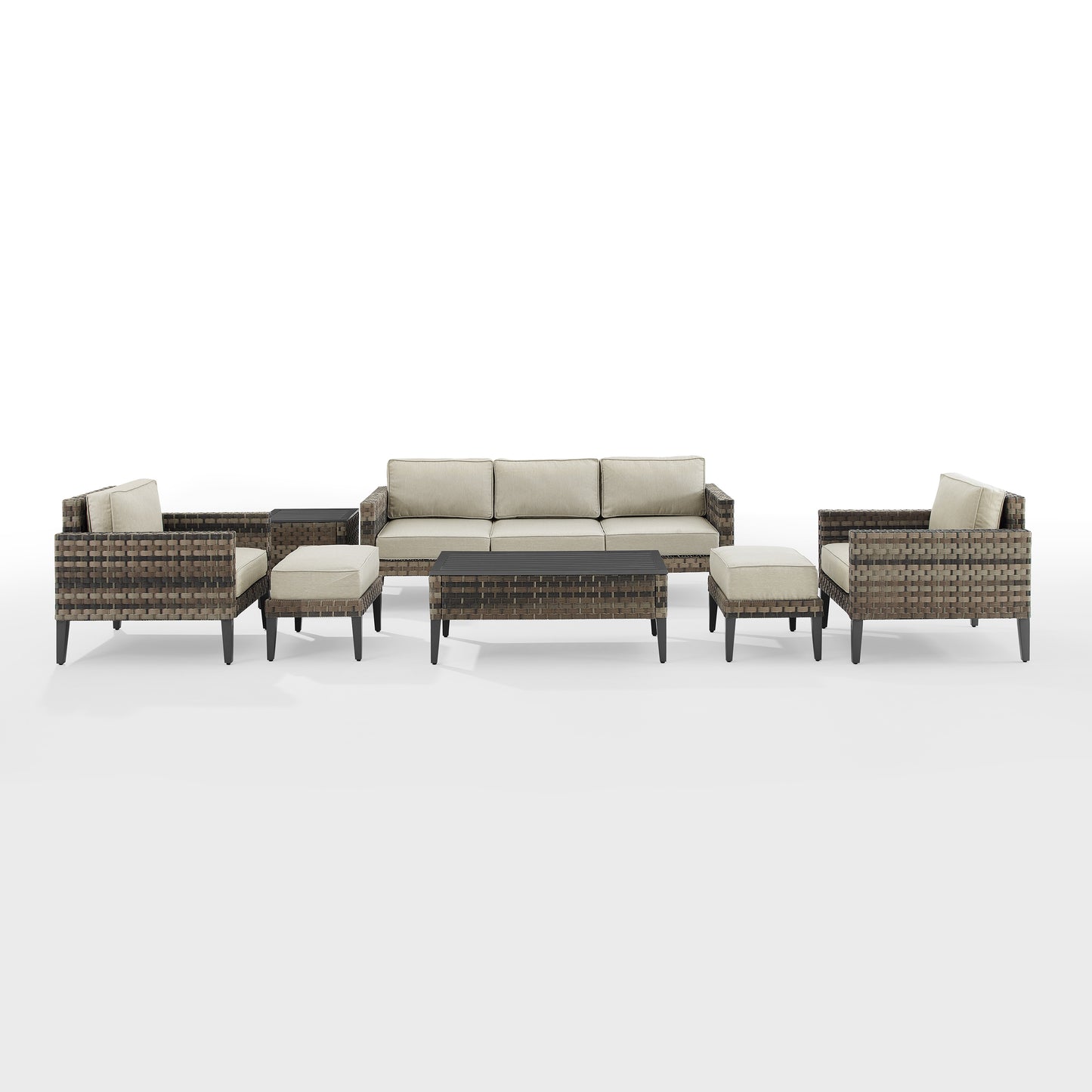 Prescott 7Pc Outdoor Wicker Sofa Set Taupe/Brown - Sofa, Coffee Table, Side Table, 2 Armchairs, & 2 Ottomans