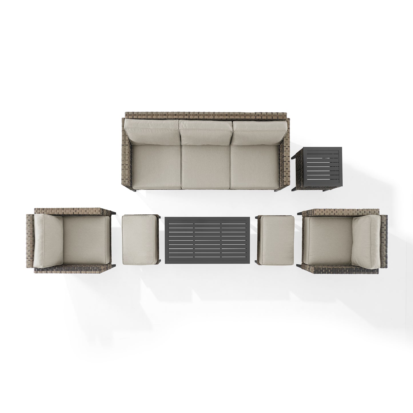 Prescott 7Pc Outdoor Wicker Sofa Set Taupe/Brown - Sofa, Coffee Table, Side Table, 2 Armchairs, & 2 Ottomans