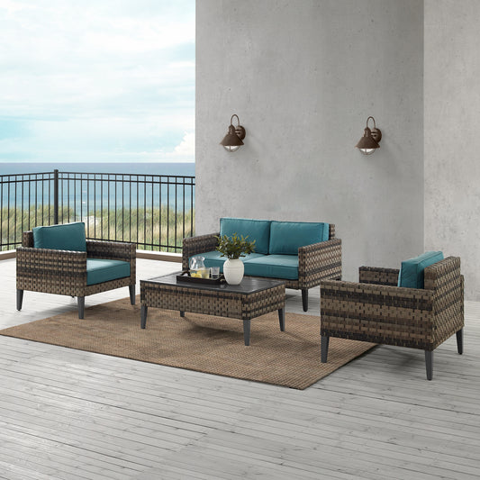 Prescott 4Pc Outdoor Wicker Conversation Set Mineral Blue/Brown - Loveseat, Coffee Table, & 2 Armchairs